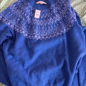 LOFT Blue & Light Blue Patterned Crewneck Sweater